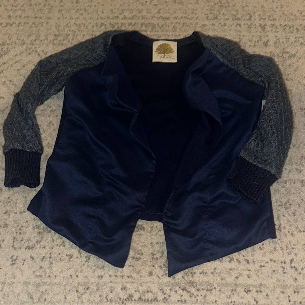 Open front Suede and Knit Sleeve Navy Cardigan